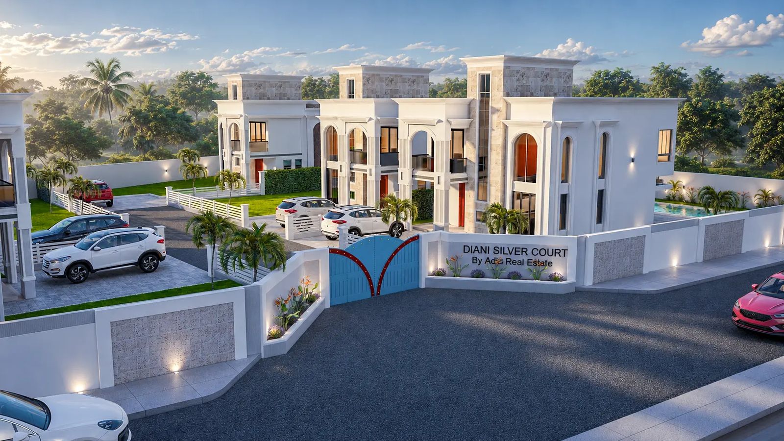 Architect's impression of Diani Silver Court with white villas behind a blue gate