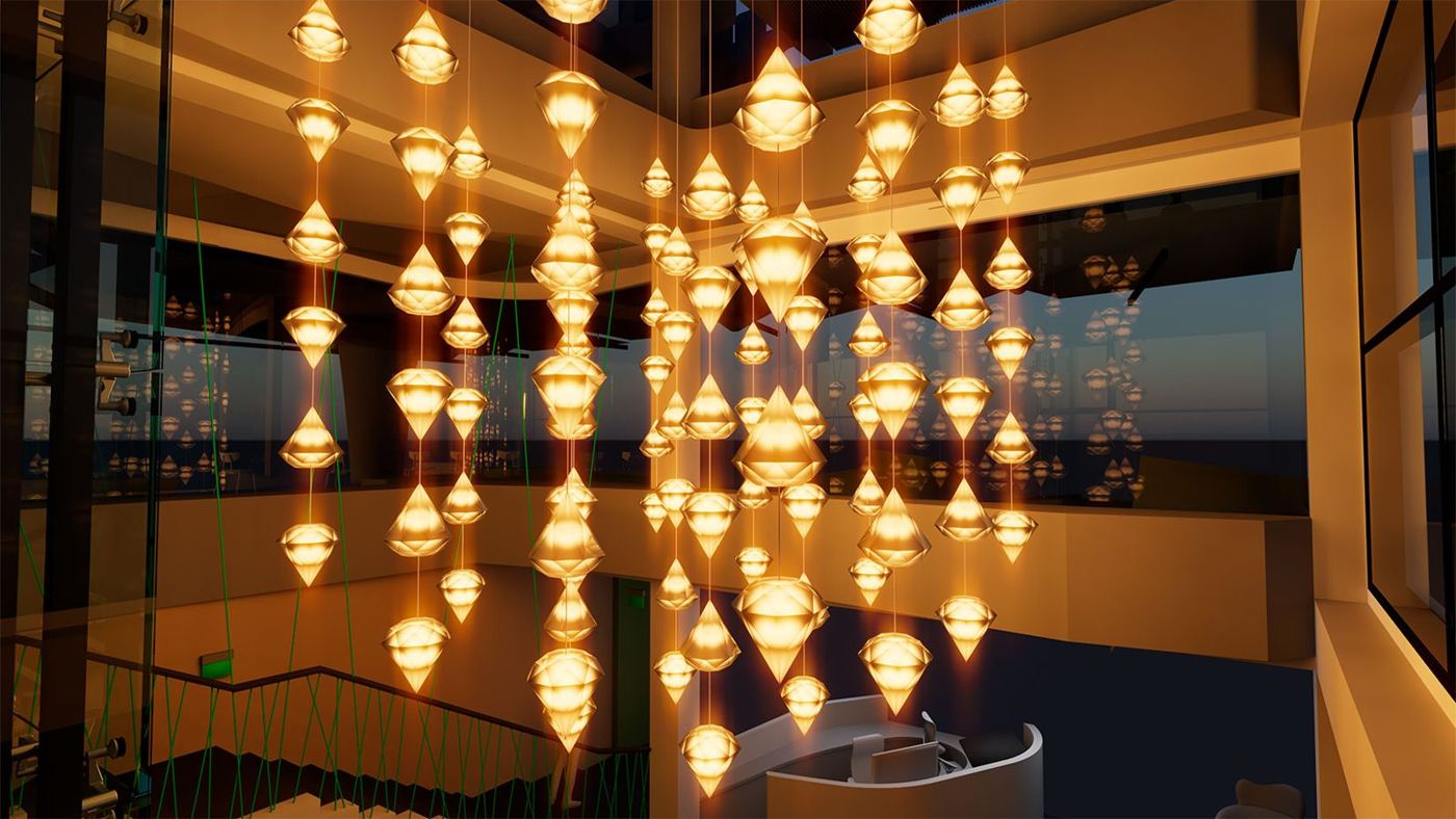 Luminous Nexus, 96 light objects over three floors