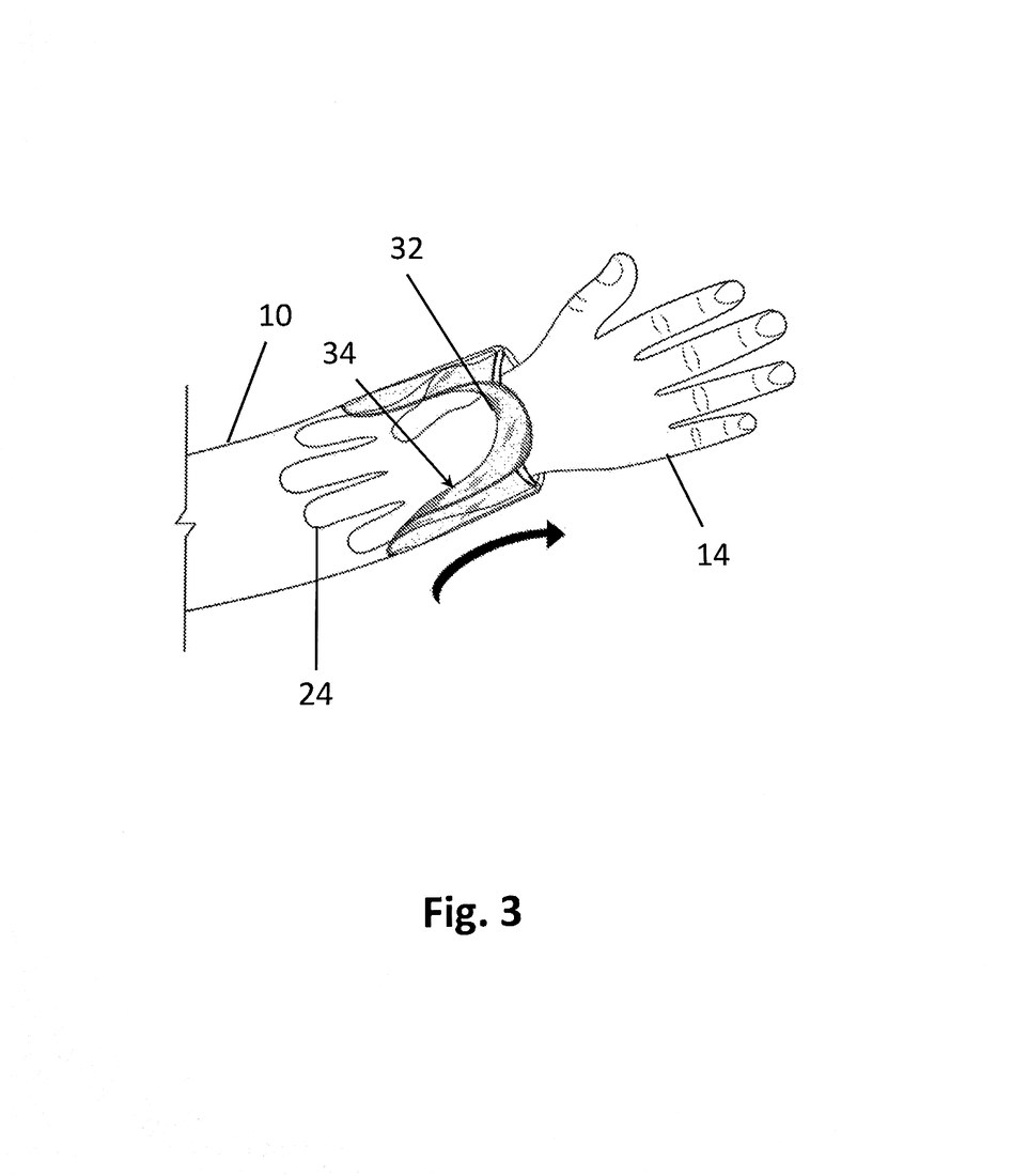 Patent Fig. 3: the flap pulled towards the hand