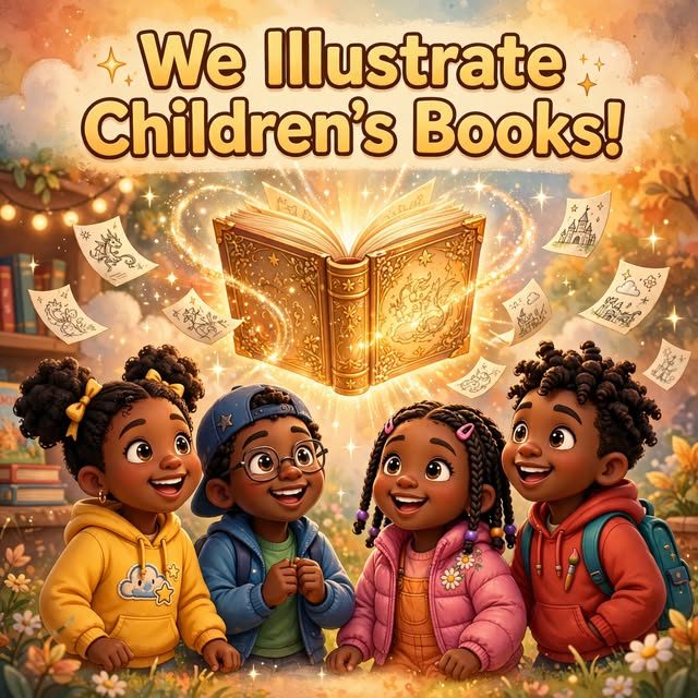Four children looking up at a glowing storybook, illustrated by Rogers Entertainment