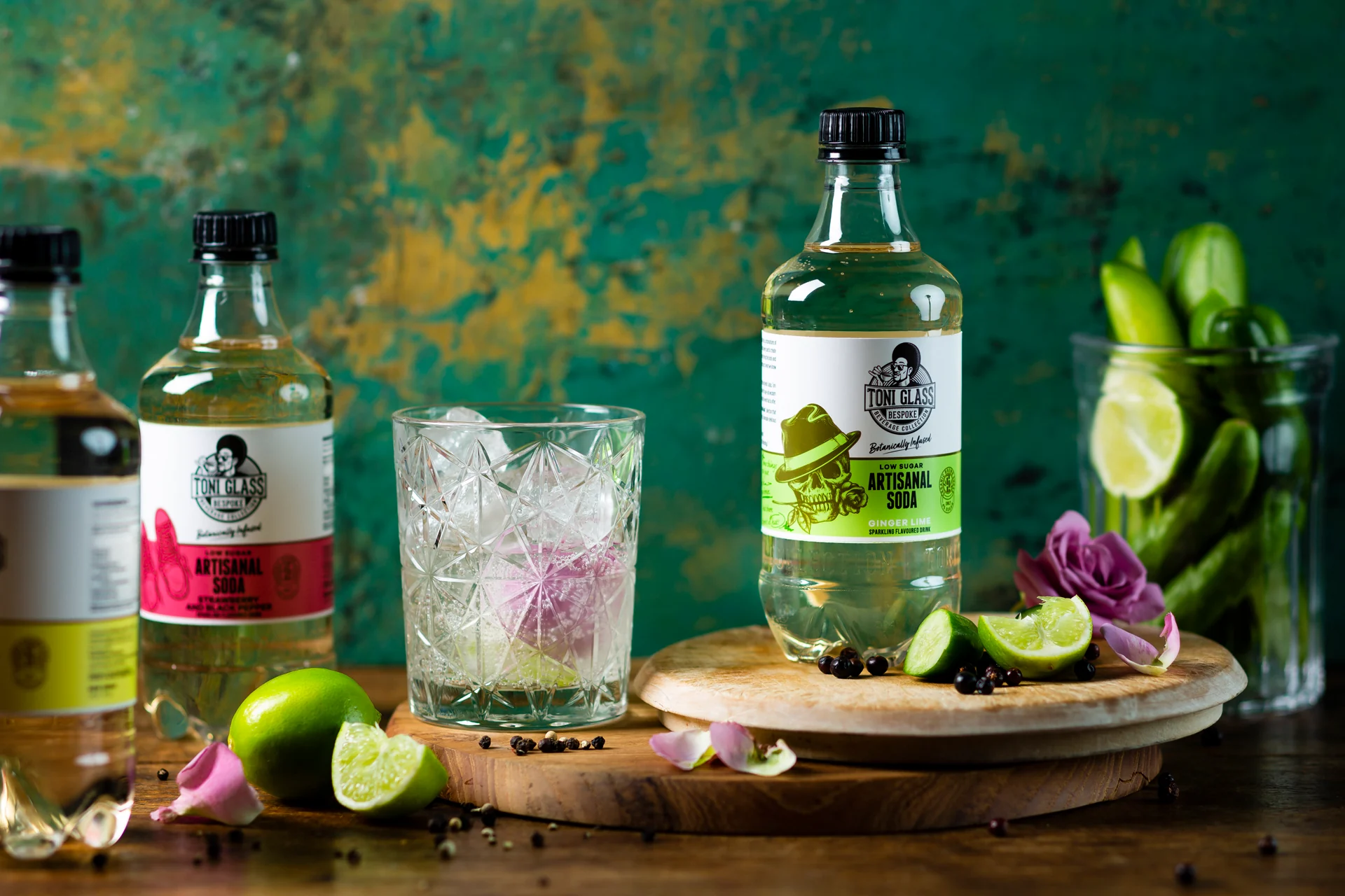 Toni Glass Artisanal Soda bottles with lime, rose and cucumber
